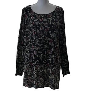 J Jill tunic/short dress L Black with multi color floral print 6” flounce edge